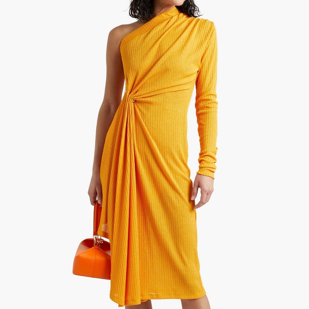 Dodo Bar Or Hanna One-sleeve Gathered Ribbed-knit Midi Dress Size 10